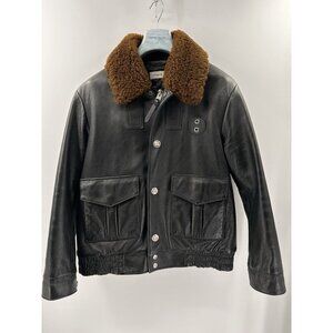 Coach Black Leather Sheriff Bomber Jacket Shearling Collar Mens Size 52/XL